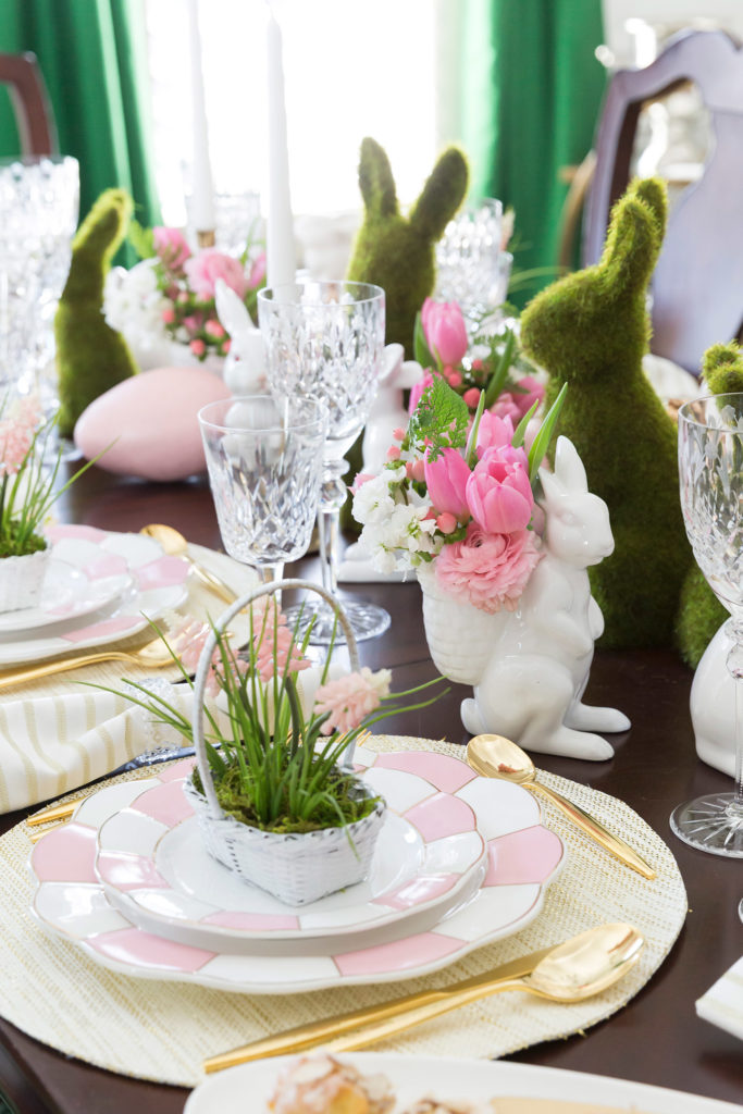 There's so much here to love--from the beautiful flowers, to the amazing Easter decorations, to the sweet baskets filled with hyacinths placed on each plate.  Perfection! 
