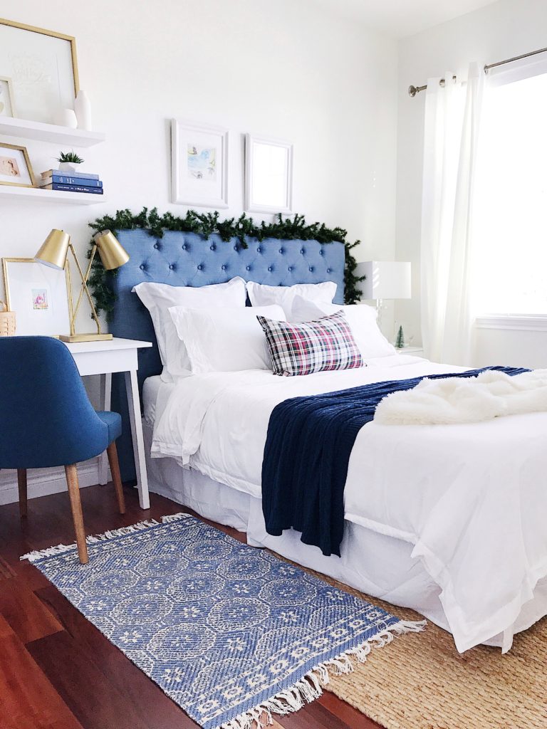 Easy blue and white Christmas decorating ideas for the bedroom