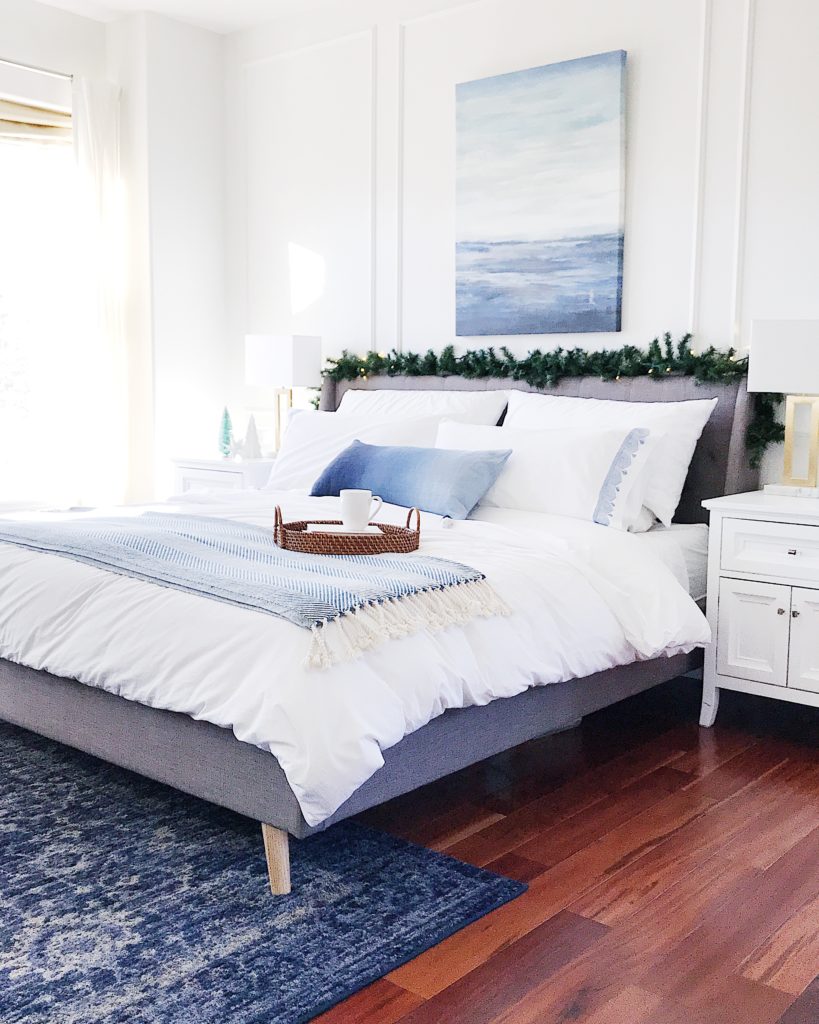 Easy blue and white Christmas decorating ideas in the bedroom