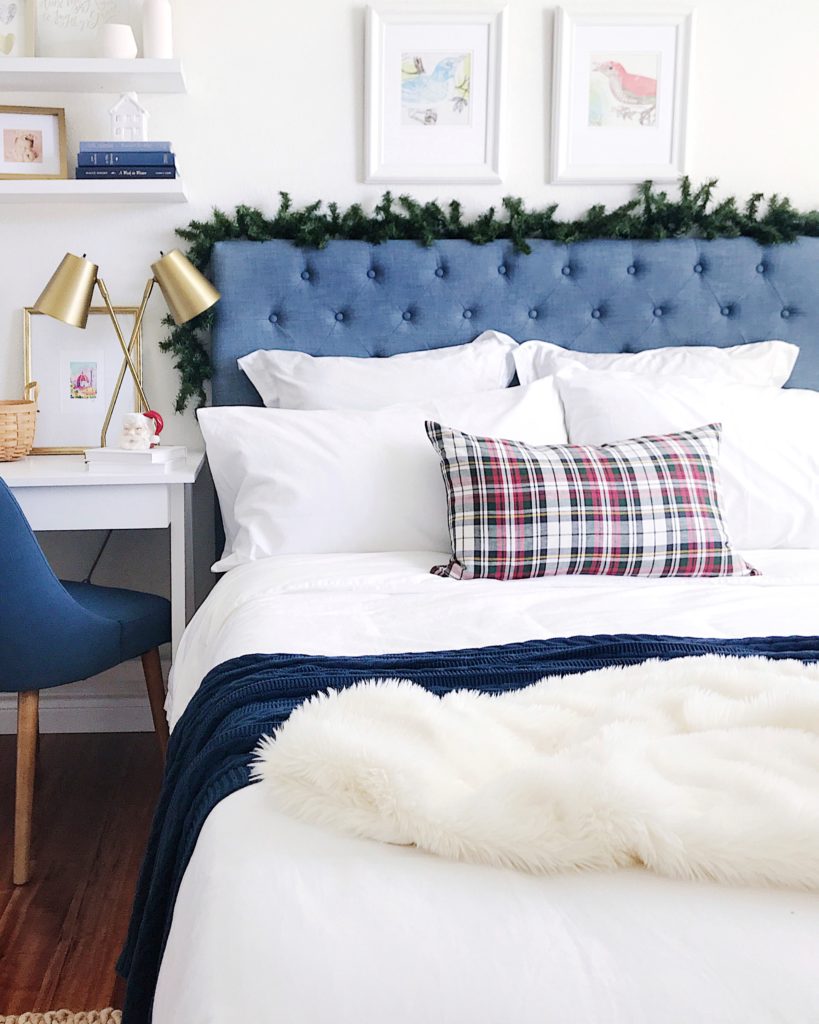 Easy blue and white Christmas decorating ideas for the bedroom
