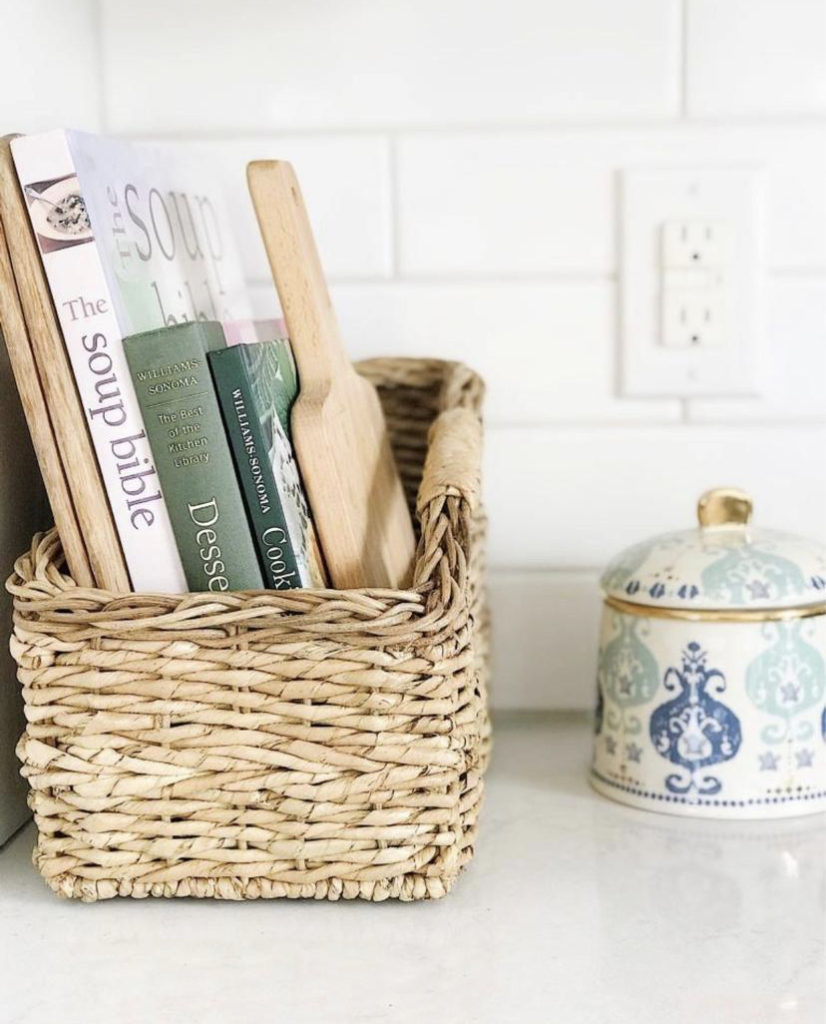 Basket with cookbooks inn blue and white kitchen - jane at home