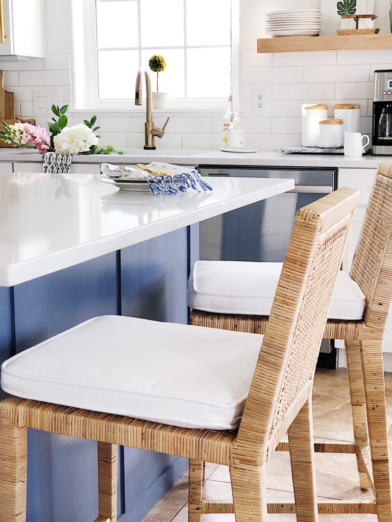 I love the look of these Serena & Lily counter stools in our kitchen - jane at home #kitchenideas #kitchendecor #kitchendesign #barstools #counterstools #bluekitchenisland