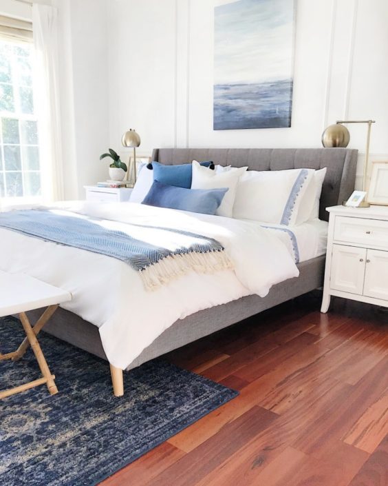 Our blue and white master bedroom refresh with serena & lily - jane at home #coastaldecor #coastalstyle #bedroomdecor #bluebedroom #bedroomideas #bedroomdesign