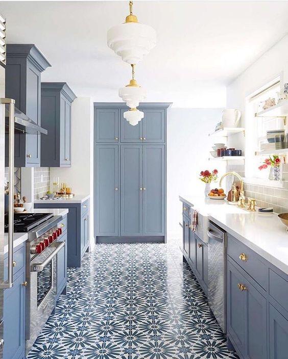 Love this beautiful blue gray kitchen design with an amazing patterned tile floor - ginny macdonald design