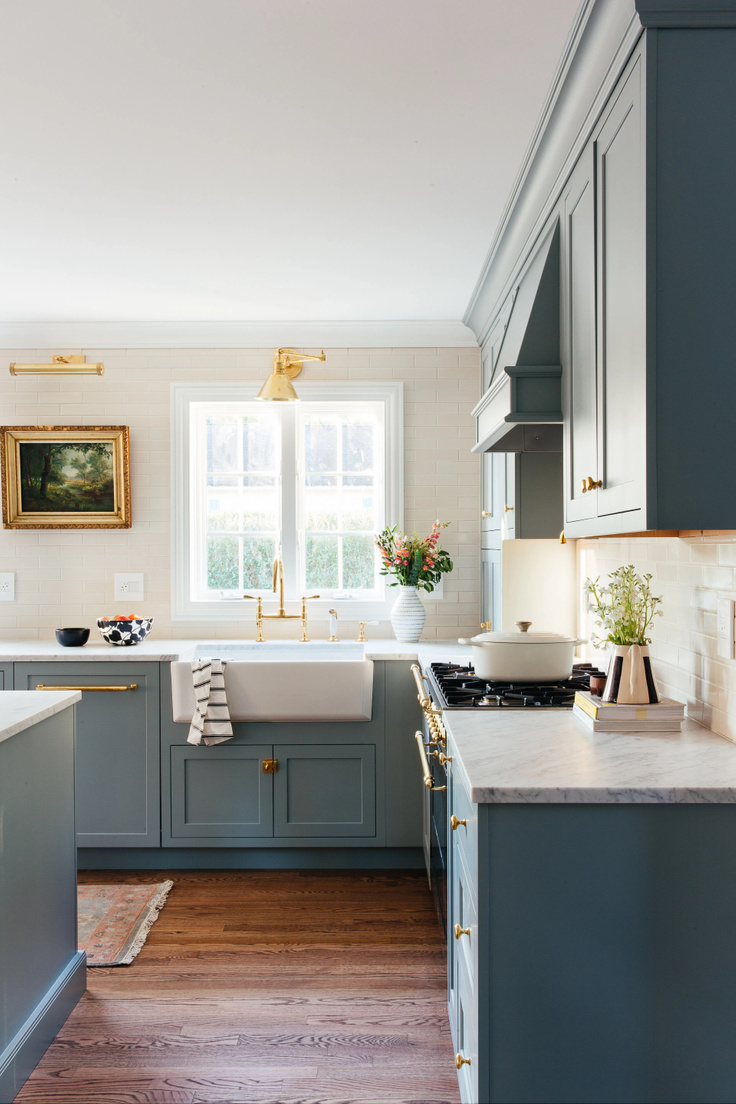 Beautiful blue kitchen cabinets with white marble countertops - Erin Kestenbaum | kitchen design | kitchen decor | blue kitchen
