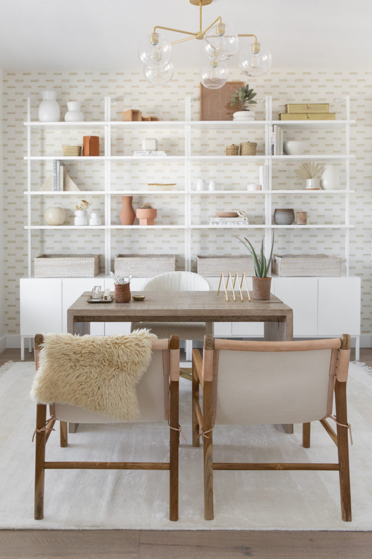 Beautiful feminine home office and work space with white shelves - ames interiors