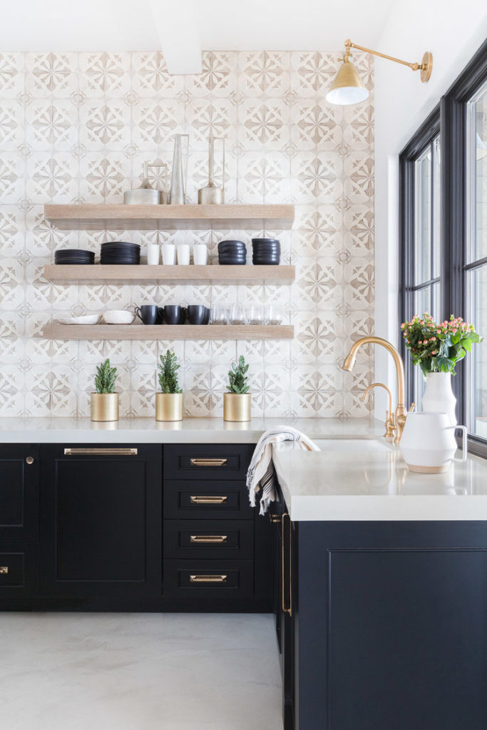 Beautiful kitchen backsplash idea - gorgeous patterned tile and open shelving Nicole Davis Interiors Photo by Alyssa Rosenheck