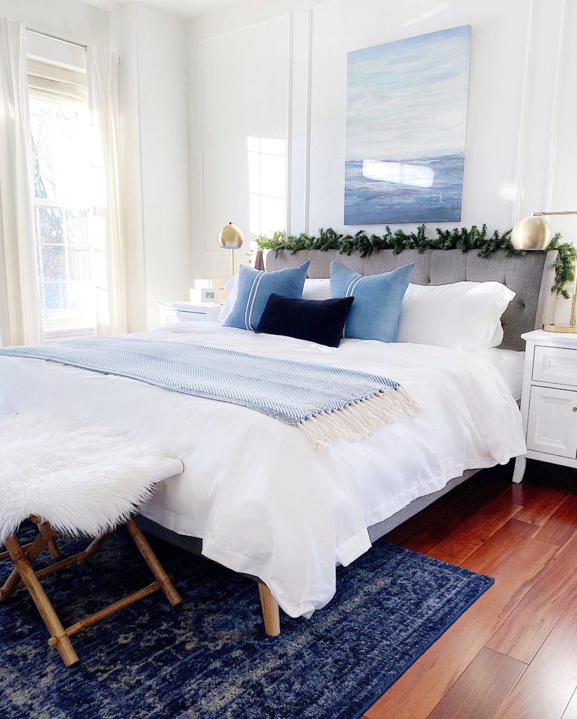 My blue and white Christmas home tour with easy Christmas decorating ideas for the master bedroom - jane at home