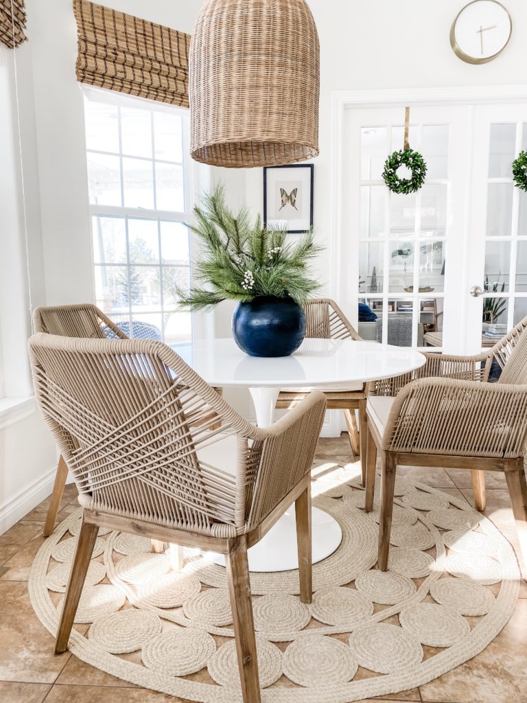 My blue and white Christmas home tour with easy Christmas decorating ideas for the kitchen dining nook - jane at home