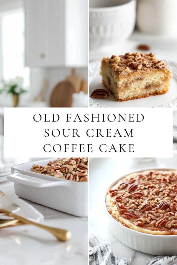 Your family will love this old fashioned coffee cake recipe infused with sour cream, cinnamon, and a crumbly pecan topping. Perfect for breakfast, brunch, snacks, or dessert - jane at home