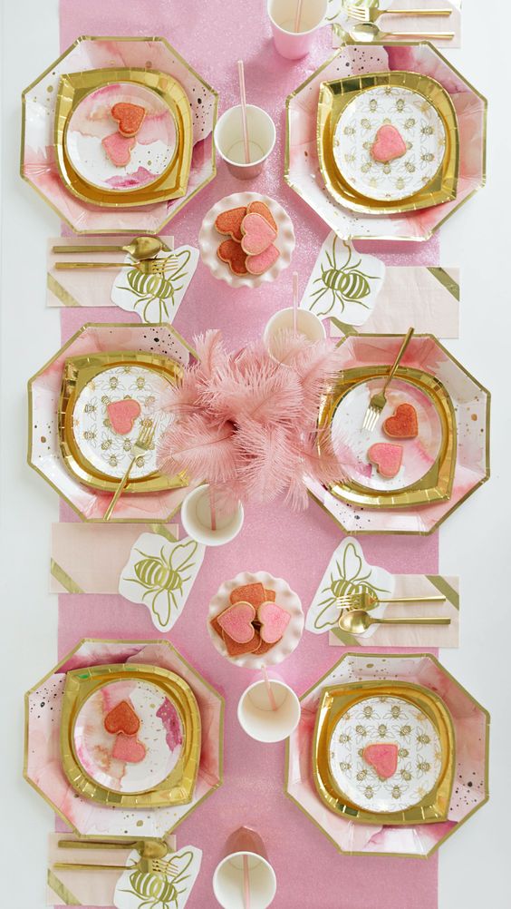 Beautiful Bee Mine Valentine's Day table setting idea, tablescapes, centerpiece ideas, place settings, and Galentine's Day party ideas - bee mine table idea - bee mine valentines day -jane at home