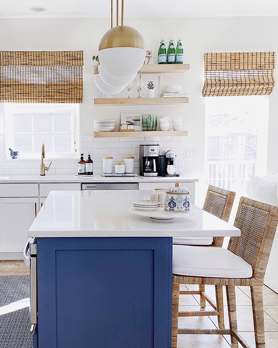 Blue and white kitchen with woven counter stools - jane at home #kitchenideas #kitchendesign #kitchendecor