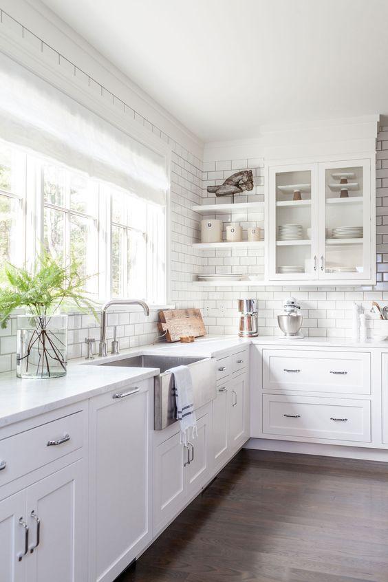 Beautiful white kitchen with subway tile and open shelving - 204 Park