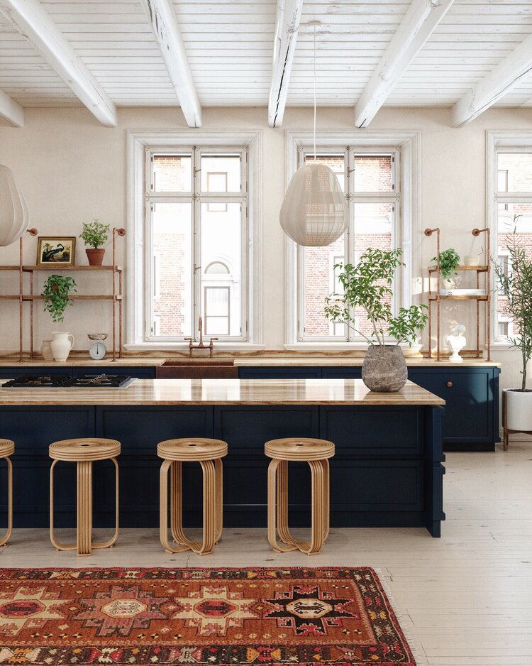 Beautiful spaces of the week: modern kitchen design with dark lower cabinets, woven pendant lights, unique counter stools, beamed ceiling and colorful Oushak runner - anthology studio design #kitchendecor #home #style