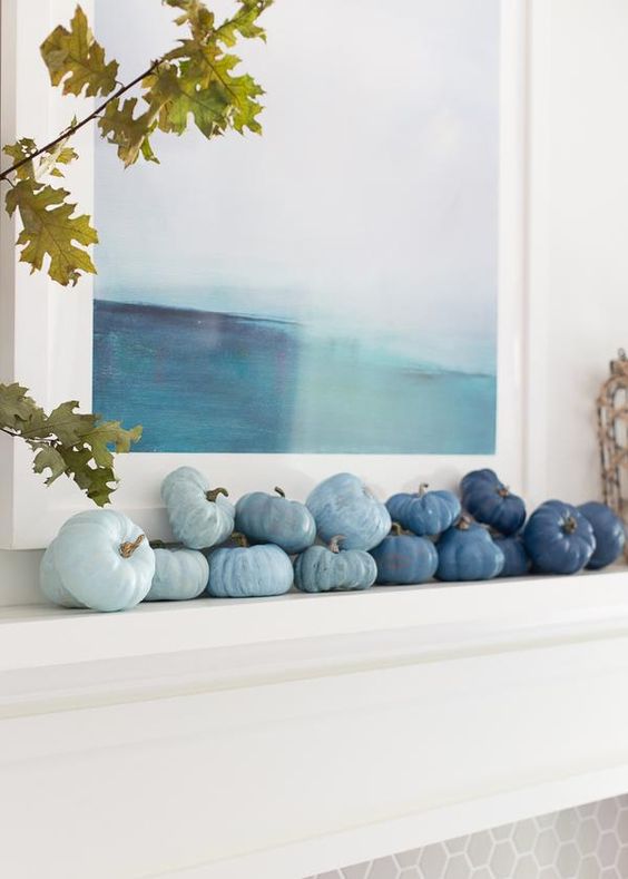 Fall mantel with blue and white pumpkins in an ombre effect - such a beautiful and creative idea! Making Home Base