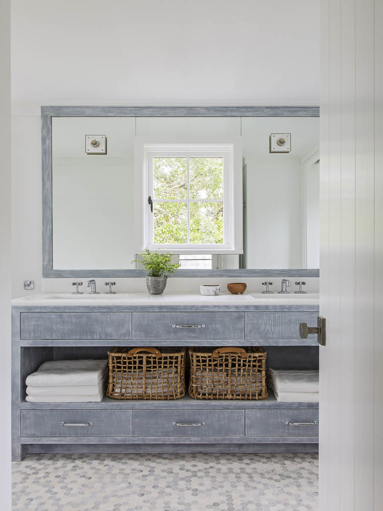 Beautiful beach house bathroom design with gray vanity and white accents - jenny keenan design - julia lynn photography #bathroomdecor #bathroomdesign #bathroomremodel #coastalbathroom #bathdesign