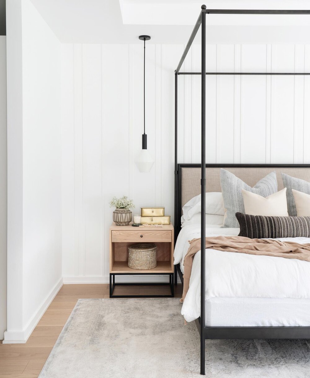 Loving lately: my favorite spaces of the week include this beautiful bedroom design with black canopy bed from leclair decor #home #style #bedroomdecor