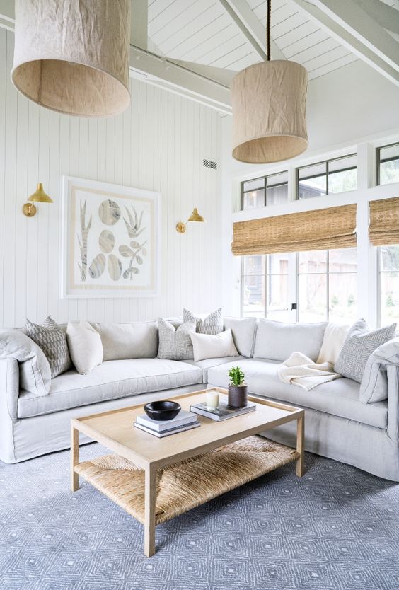 Loving lately - this beautiful coastal living room design with unique pendant lights #home #style #decor #ideas #livingroom Mindy Gayer Design 