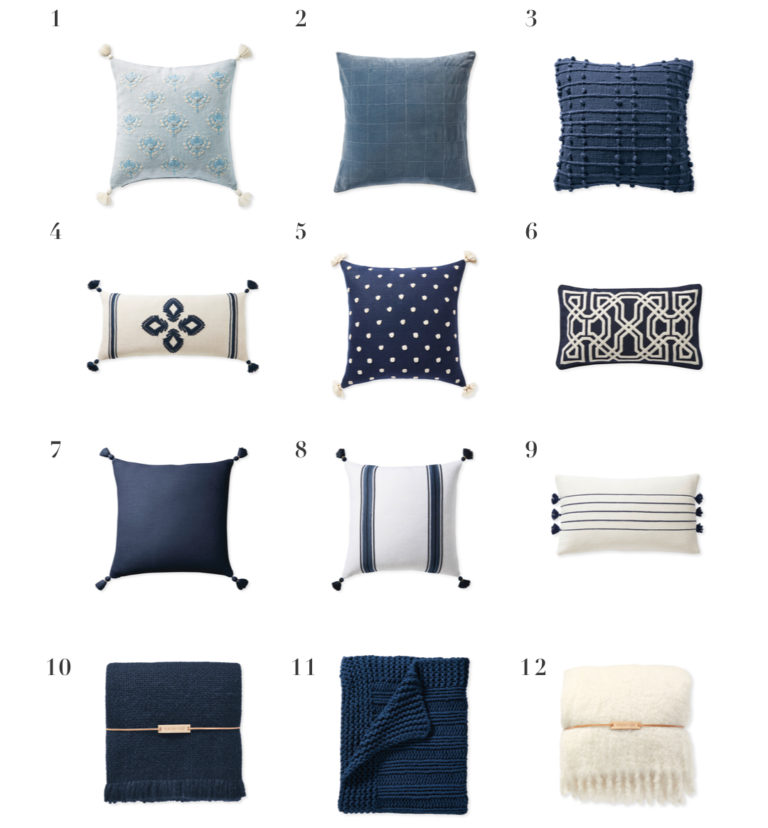 Blue and white pillows and throws I love - jane at home #coastalstyle #coastaldecor #bluedecor #moderncoastal
