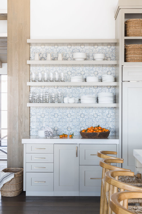 I love this beautiful kitchen beverage area with its unique patterned tile backsplash - Nicole Davis Interiors - Alyssa Rosenheck Photography