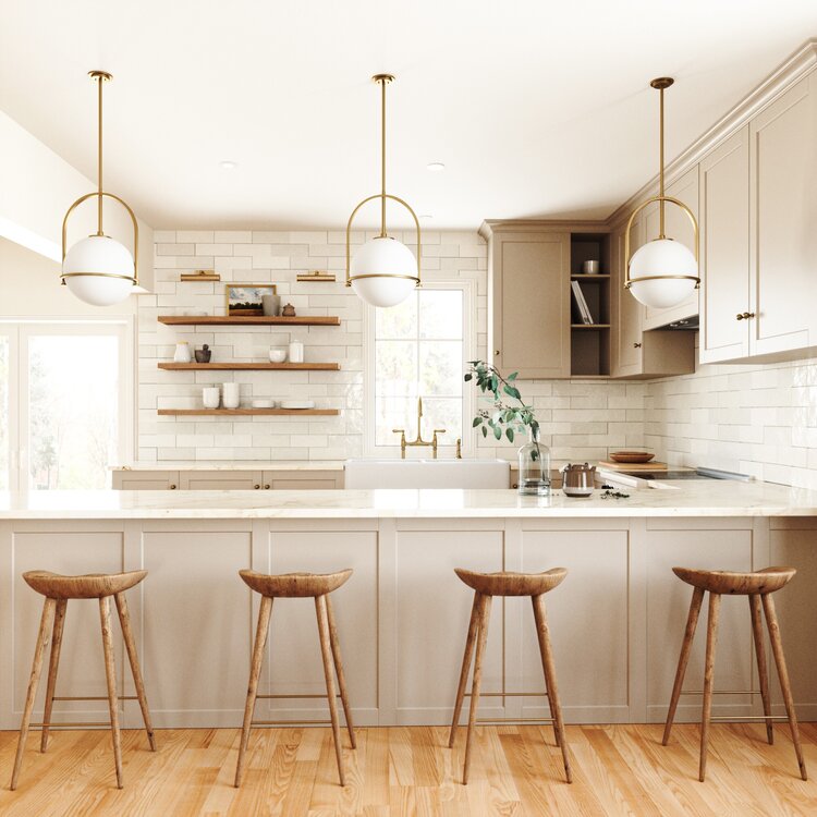 Beautiful modern kitchen design with wood counter stools, open shelving, greige cabinet color, and modern globe white and brass pendant lights over island - Anthology Creative Studio | kitchen design | kitchen decor | kitchen lighting | kitchen seating