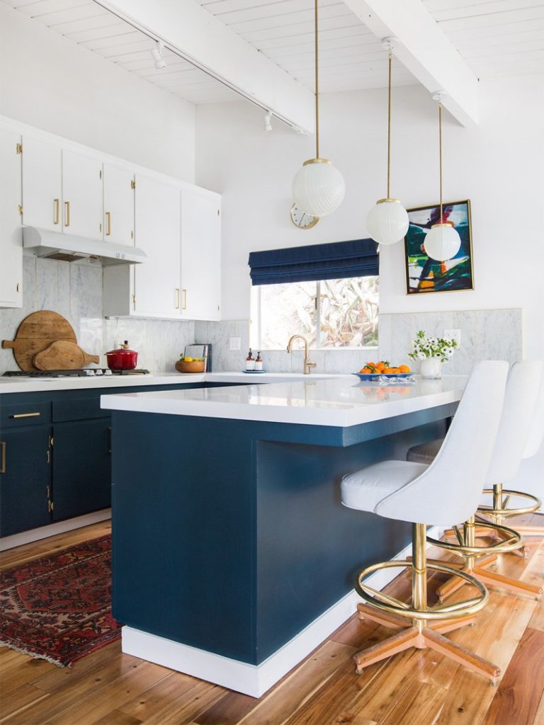 I love this beautiful modern kitchen, with its rich blue island and white upper cabinets! So fresh and lovely! kitchen remodel - kitchen ideas - blue kitchens - white kitchen - kitchen design = kitchen decor - modern kitchen