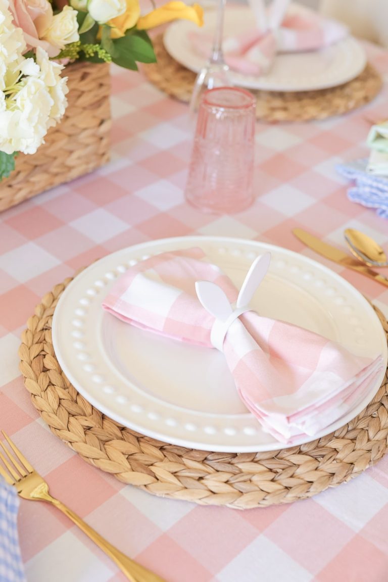 Such a pretty Easter tablescape! I love the fresh pink and white checks and bunny ear napkin rings