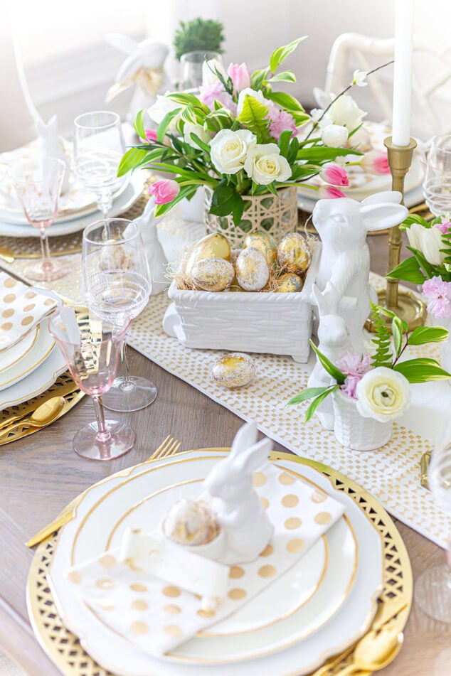 Such a pretty Easter table idea - I love the incorporation of gold and white with pops of pink and green