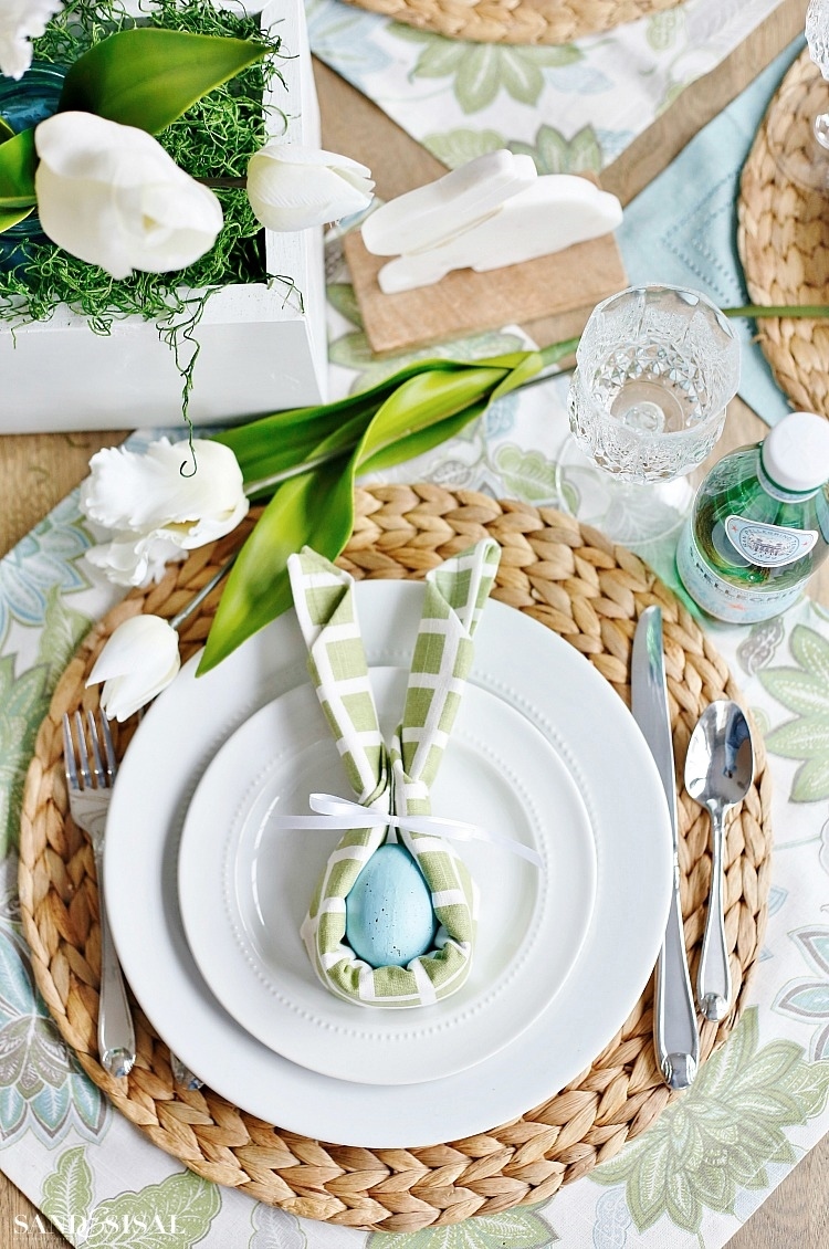 Beautiful table setting with bunny ear napkin fold - spring decorating ideas - easter decor - easter table ideas
