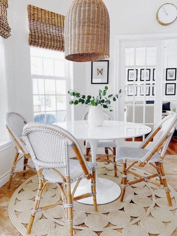 Our breakfast nook, with updated dining table, chairs, and light fixture - jane at home - kitchen dining ideas - modern coastal decor - home decor style