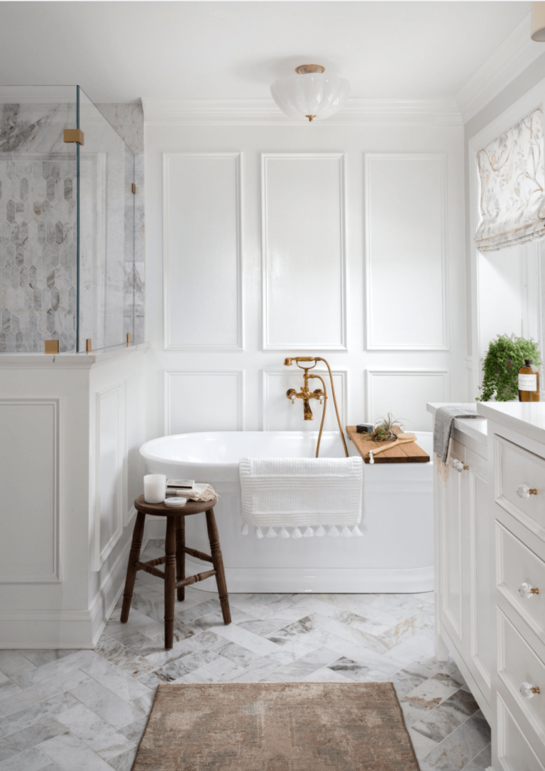 Love this chic bathroom idea with a freestanding tub and wall molding - kate abt design - bathroom remodel - master bathroom