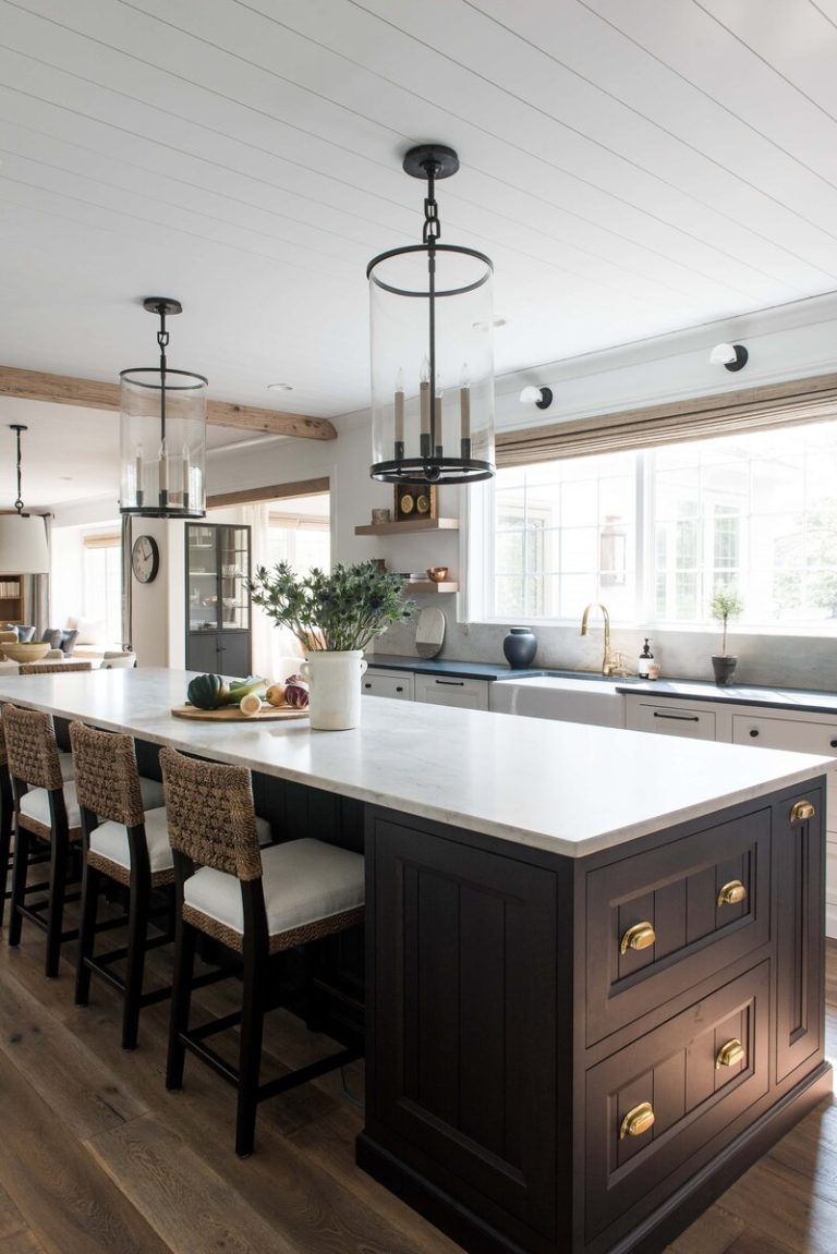 Love everything about this beautiful kitchen, including the stunning pop of black on the island - kitchen ideas - kitchen island - kitchen lighting - iron ore sherwin williams