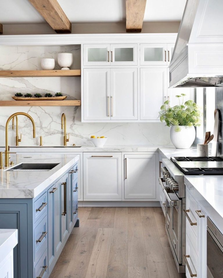 Gorgeous modern kitchen design with blue island, white cabinets, wood beams and open shelving