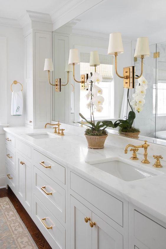 A classic white and brass bathroom design - renovation - remodel - decor -circa lighting