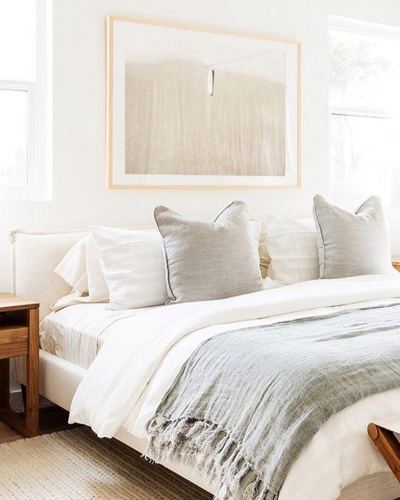Love this beautiful bedroom design with light neutral bedding and decor - clementine interiors