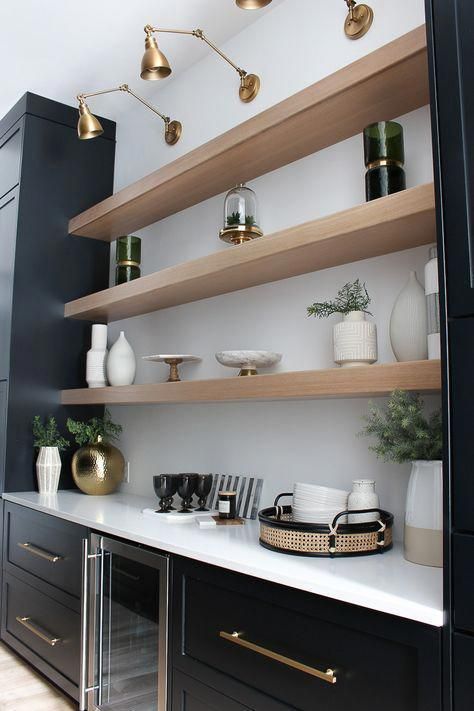 Love this beautiful butler's pantry with black kitchen cabinets and oak wood open shelving - the house of silver lining