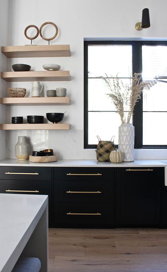 Love this beautiful modern kitchen design with black lower cabinets and wood open shelving - the house of silver lining - kitchen ideas - kitchen decor - kitchen shelves - modern farmhouse kitchens