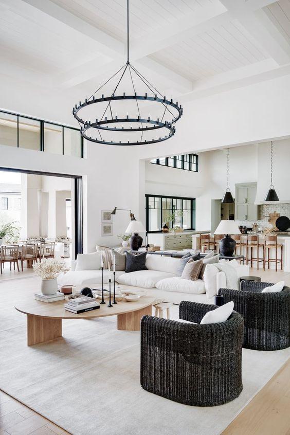 Love this beautiful modern organic living room design with vaulted ceilings and neutral decor and furniture - living room inspiration - the life styled co