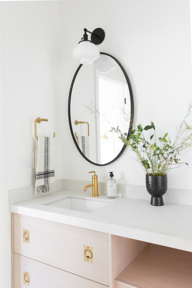Beautiful small bathroom design with modern decor and light wood vanity cabinet - Ames Interiors - bathroom remodel - bathroom decor