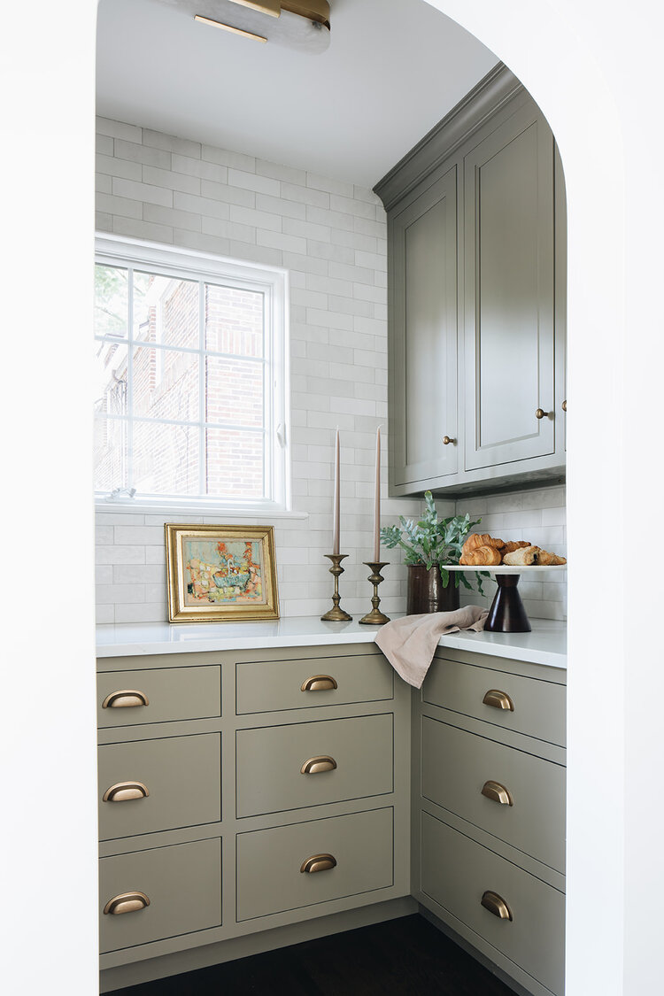 Beautiful kitchen butler's pantry with soft gray green cabinets - kitchen remodel - kitchen design - pantry ideas - jean stoffer