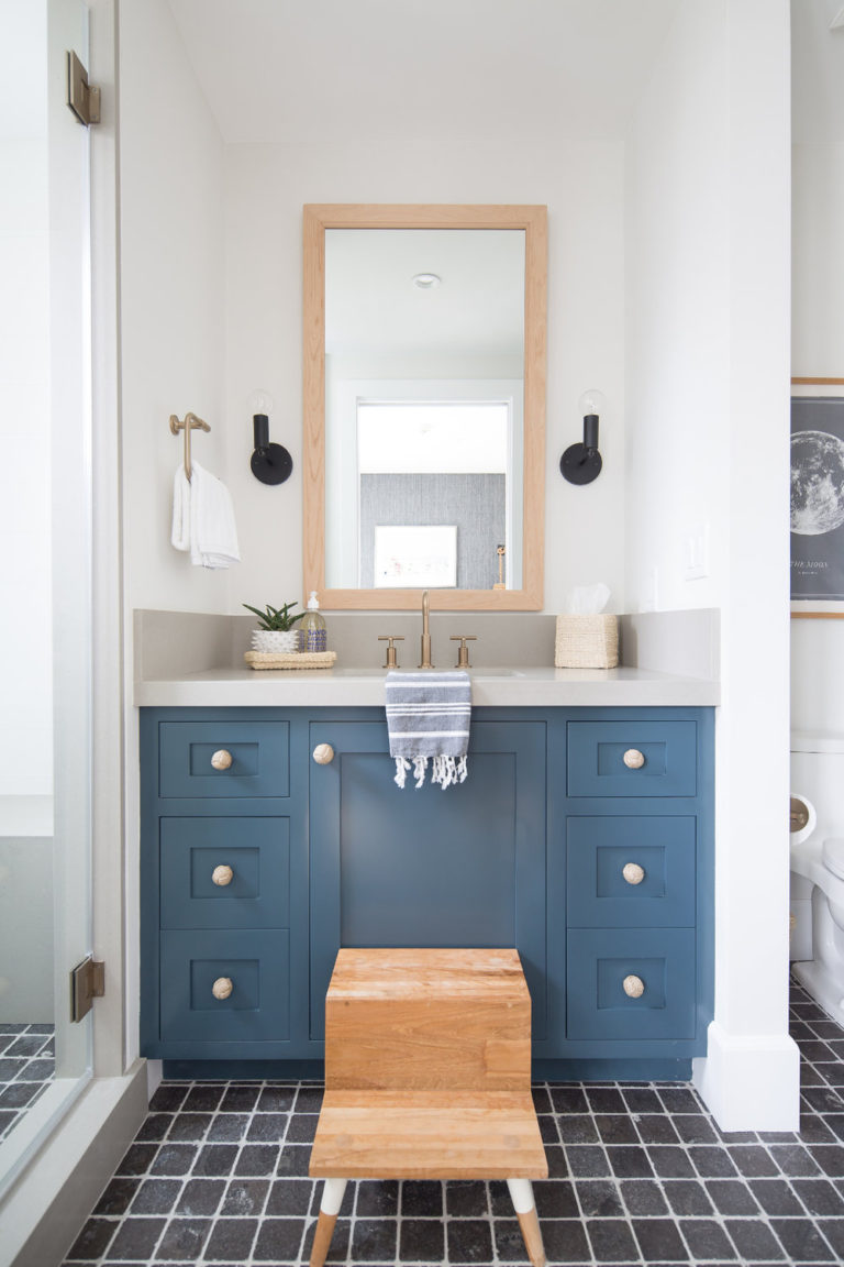 Beautiful small bathroom with blue vanity - bathroom ideas - bathroom remodel - powder bath - brooke wagner design