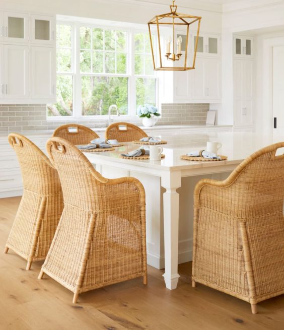 Serena and Lily kitchen island with woven counter stools