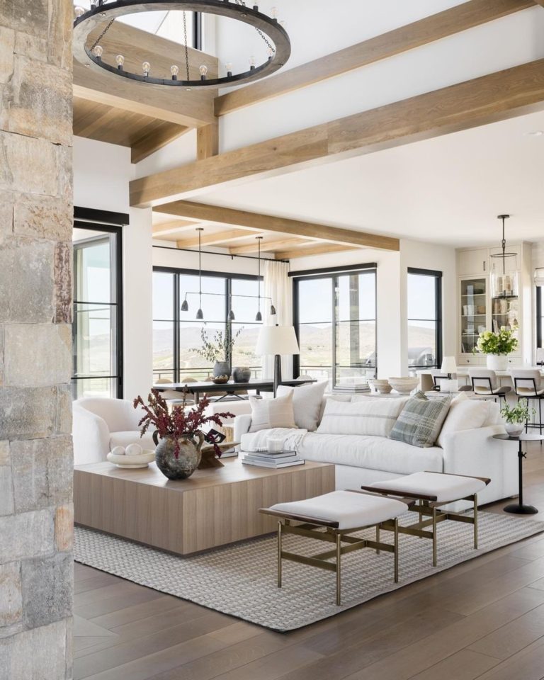 Love this beautiful living room design with a white sofa, fireplace, wood coffee table and neutral decor and furniture - open layout living room - living room inspo - living room ideas - living room decor - coastal cowgirl - studio mcgee