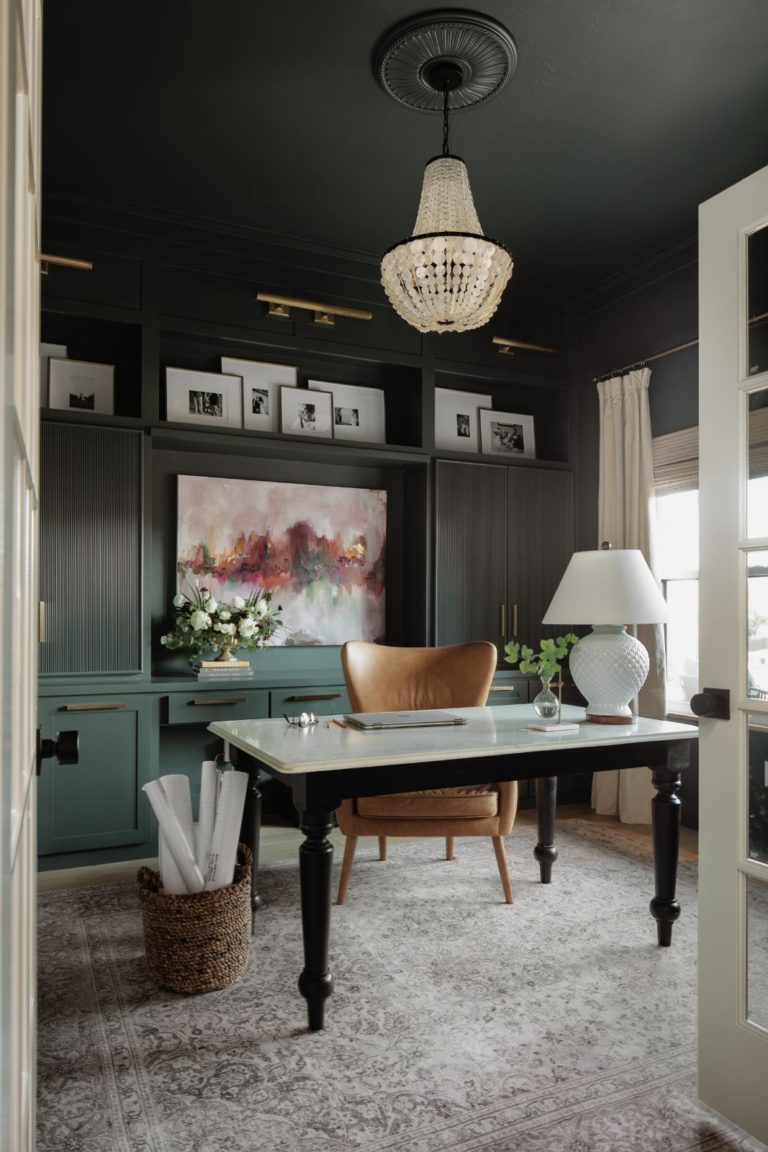Beautiful home office with dark green walls and ceiling