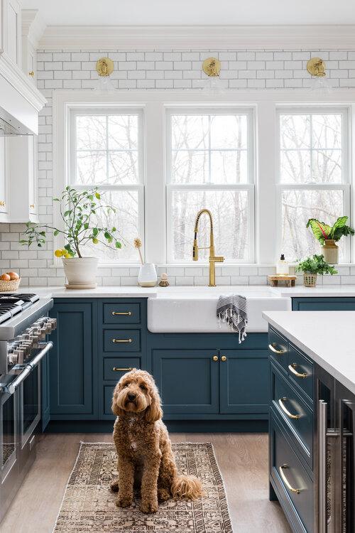 Обожаю этот великолепный дизайн кухни с синими шкафами цвета кортленда и фартуком из белой плитки метро — интерьеры Мэг Макшерри