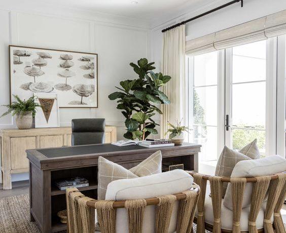 Love this beautiful home office design with a warm aesthetic and neutral decor and furniture - pure salt interiors