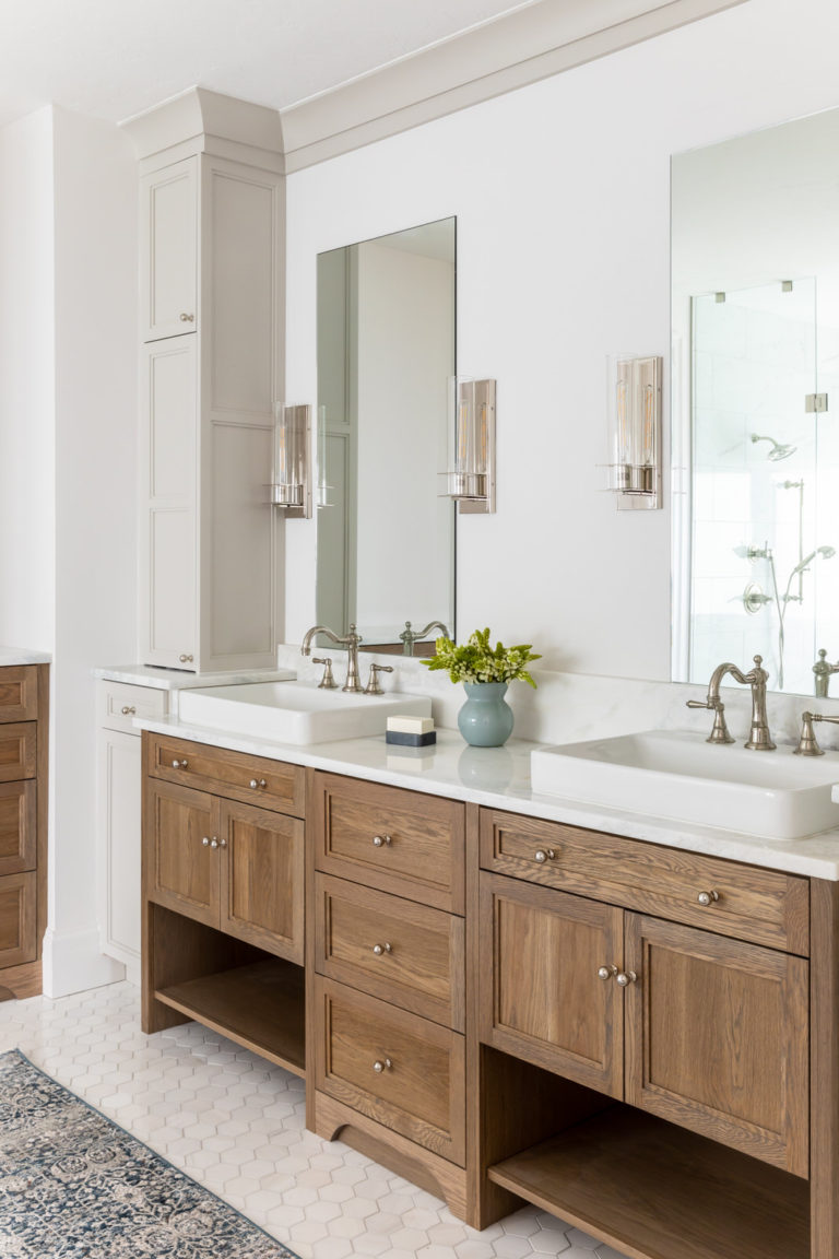 Love this beautiful bathroom with light wood vanity and double sinks - house of jade - lindsay salazar