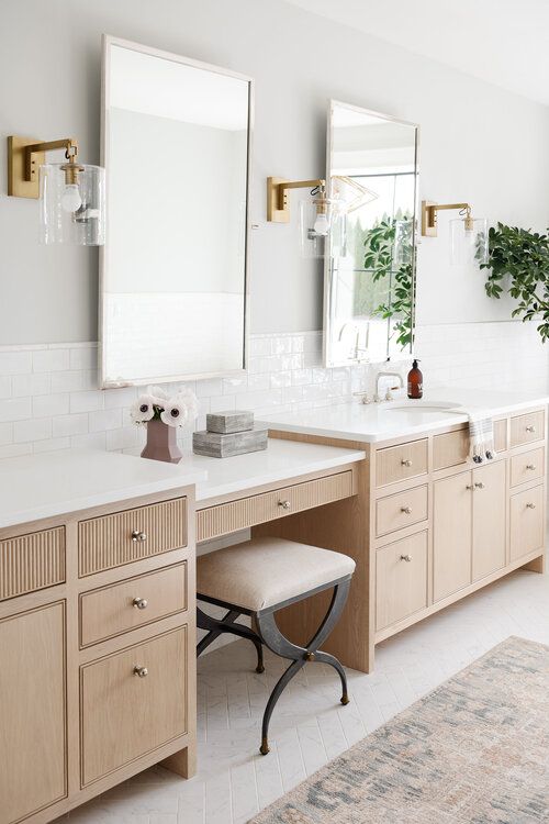 Love this beautiful bathroom with light wood vanities, mixed metal finishes, double sinks and mirrors, and mixed metal finishes - bathroom ideas, bathroom decor