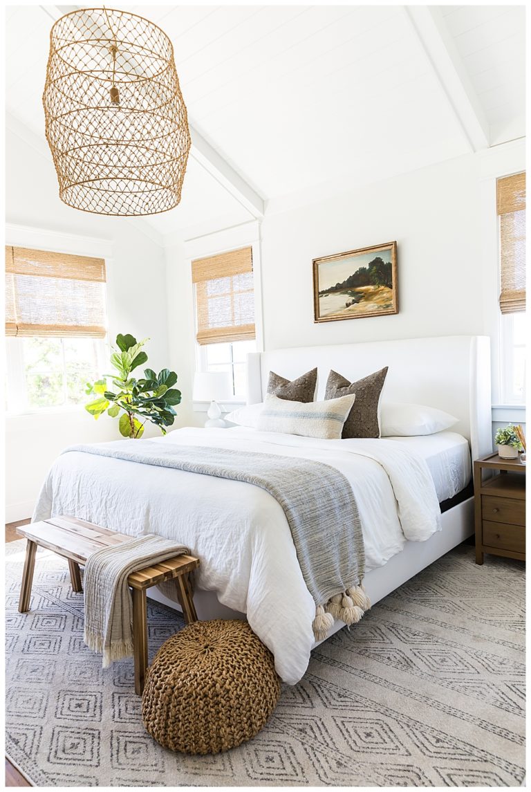 I pinned this bedroom for the light and airy feeling, beautiful neutral bedding, furniture, and decor, and gorgeous light fixture - bedroom ideas, bedroom decor - pretty smitten - danielle oakey