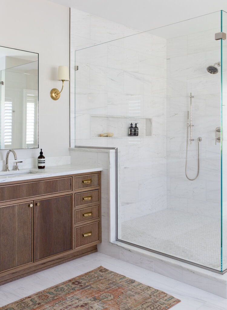Beautiful modern master bathroom floor plan with a wood vanity cabinet and large glass shower enclosure - salt design - bathroom makeover 